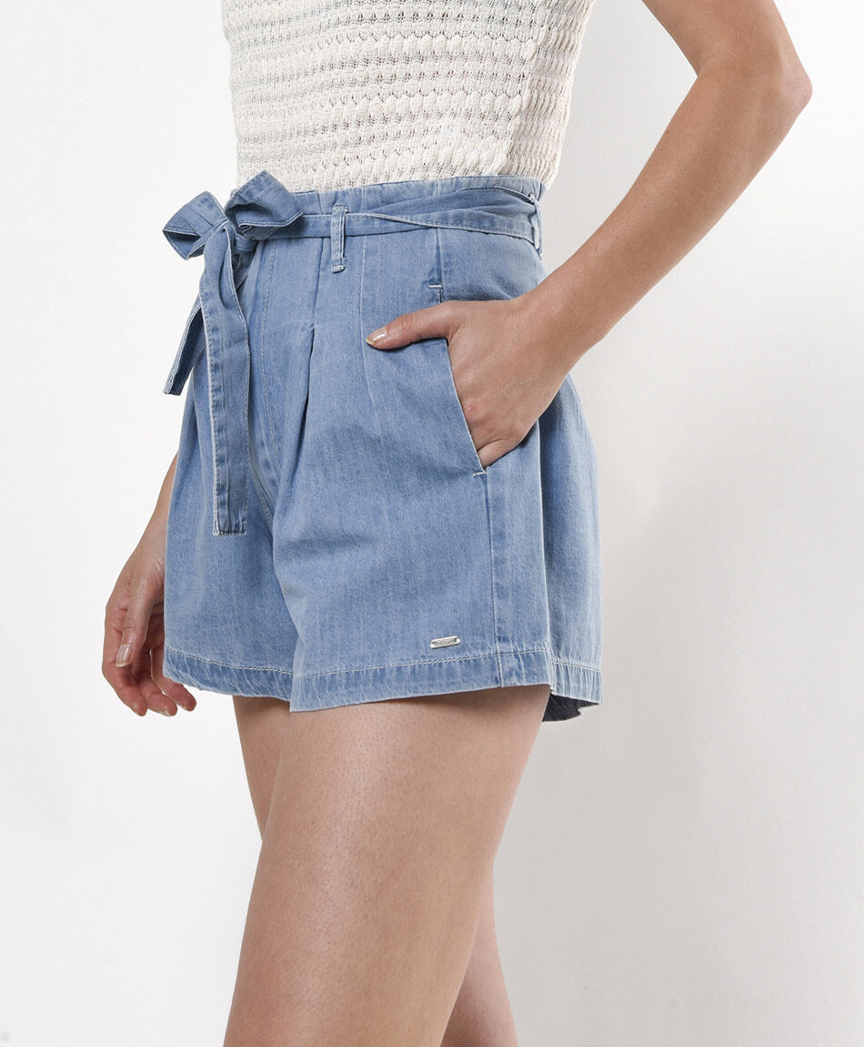 Short mujer denim plisado lazo