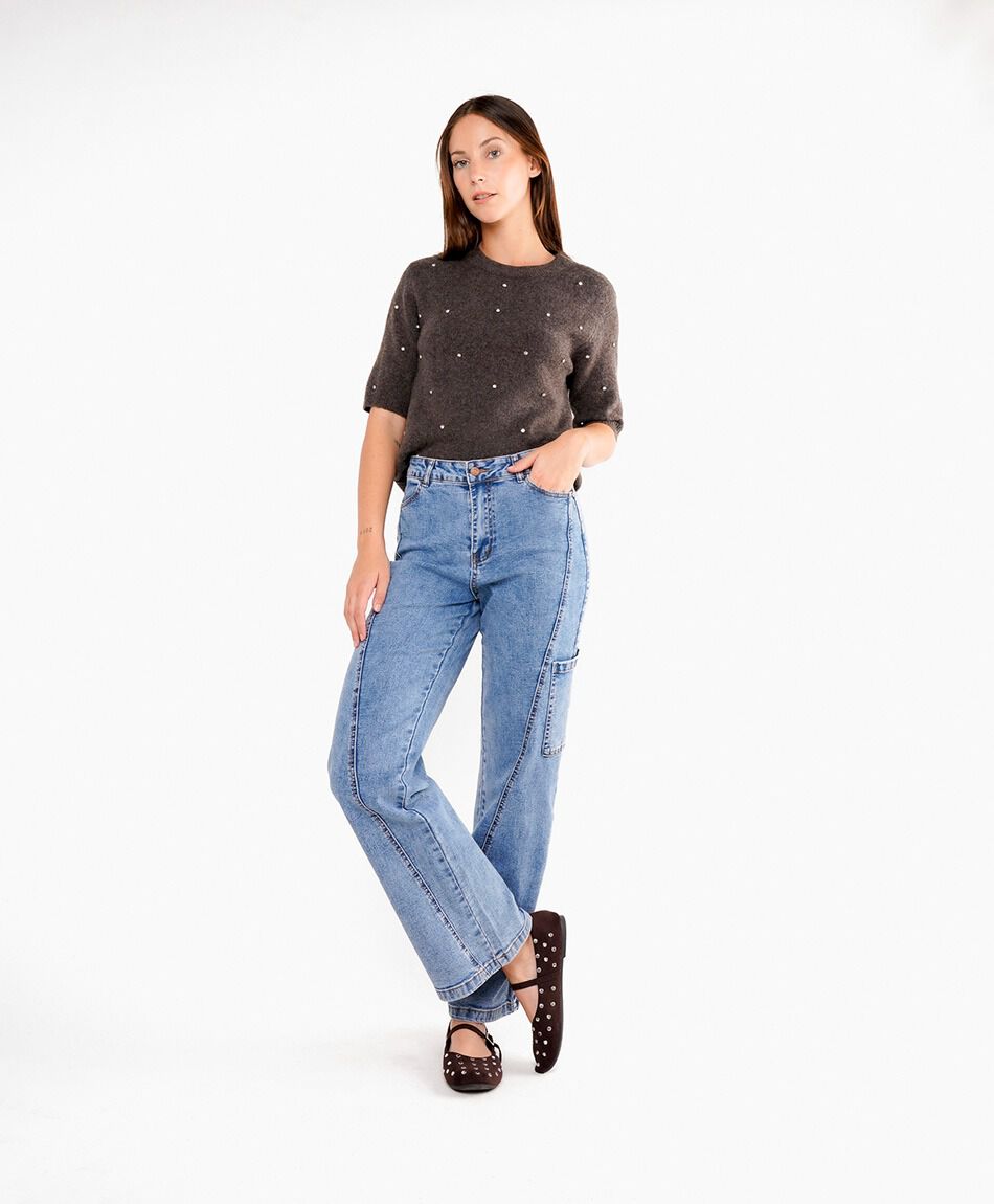 Jeans mujer wide leg bolsillos cargo