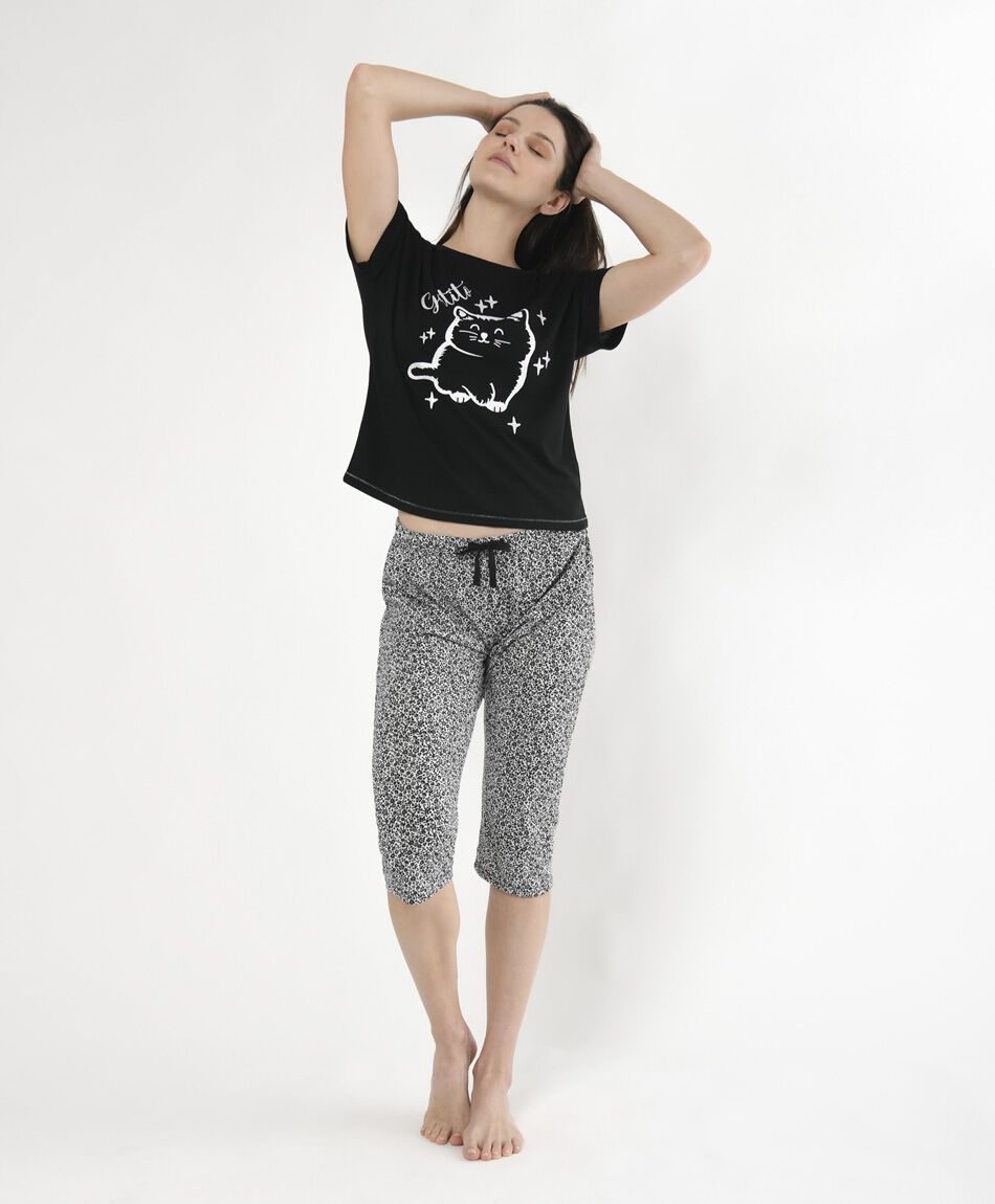 Pijama mujer bicolor gatito 2 piezas