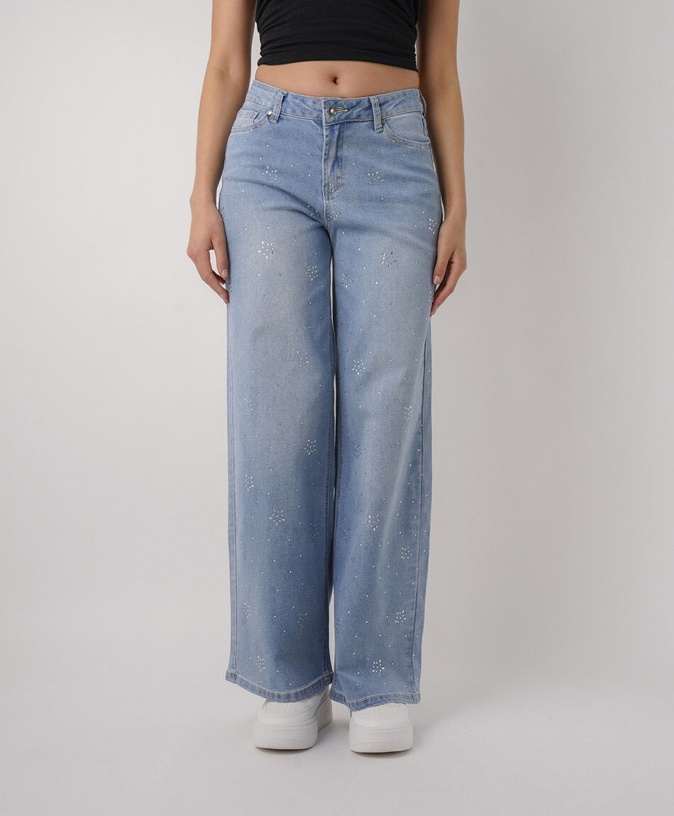 Jeans mujer wide leg estrellas brillos