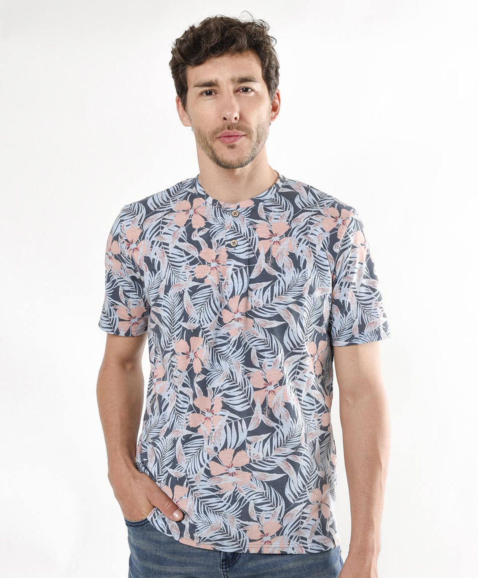 Polera hombre floral con botones azul Polera hombre floral con botones azul