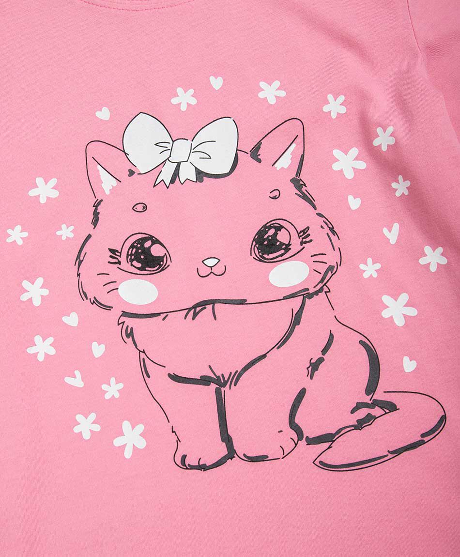 Polera ni&ntilde;a estampado brillos gatunos