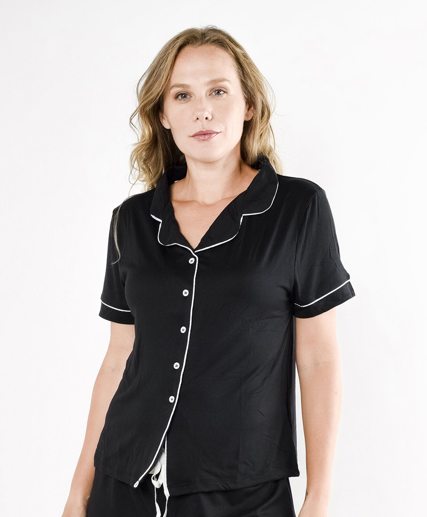 Pijama mujer camisero negro piping Pijama mujer camisero negro piping