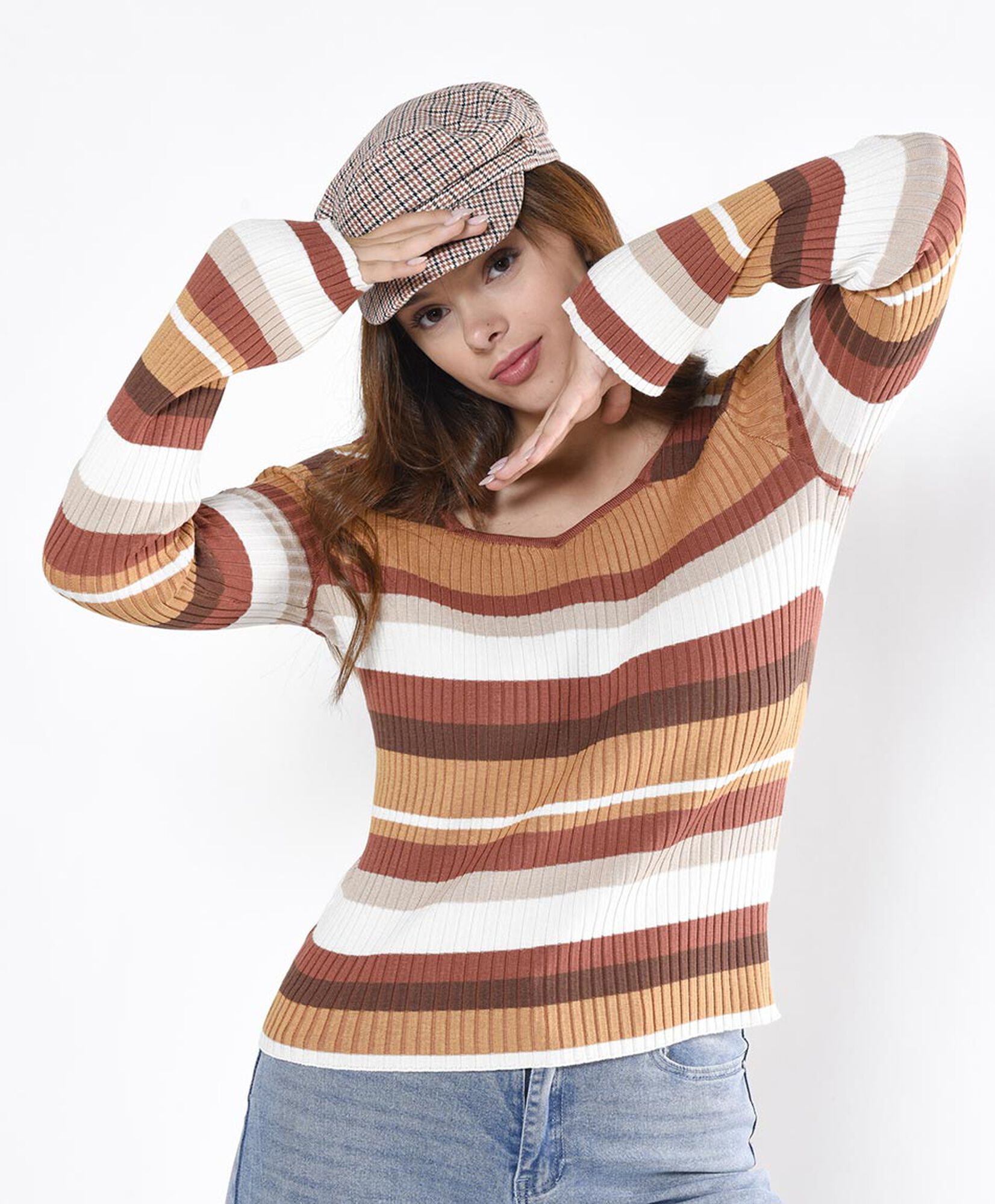 Sweater mujer acanalado franjas ajustado Sweater mujer acanalado franjas ajustado