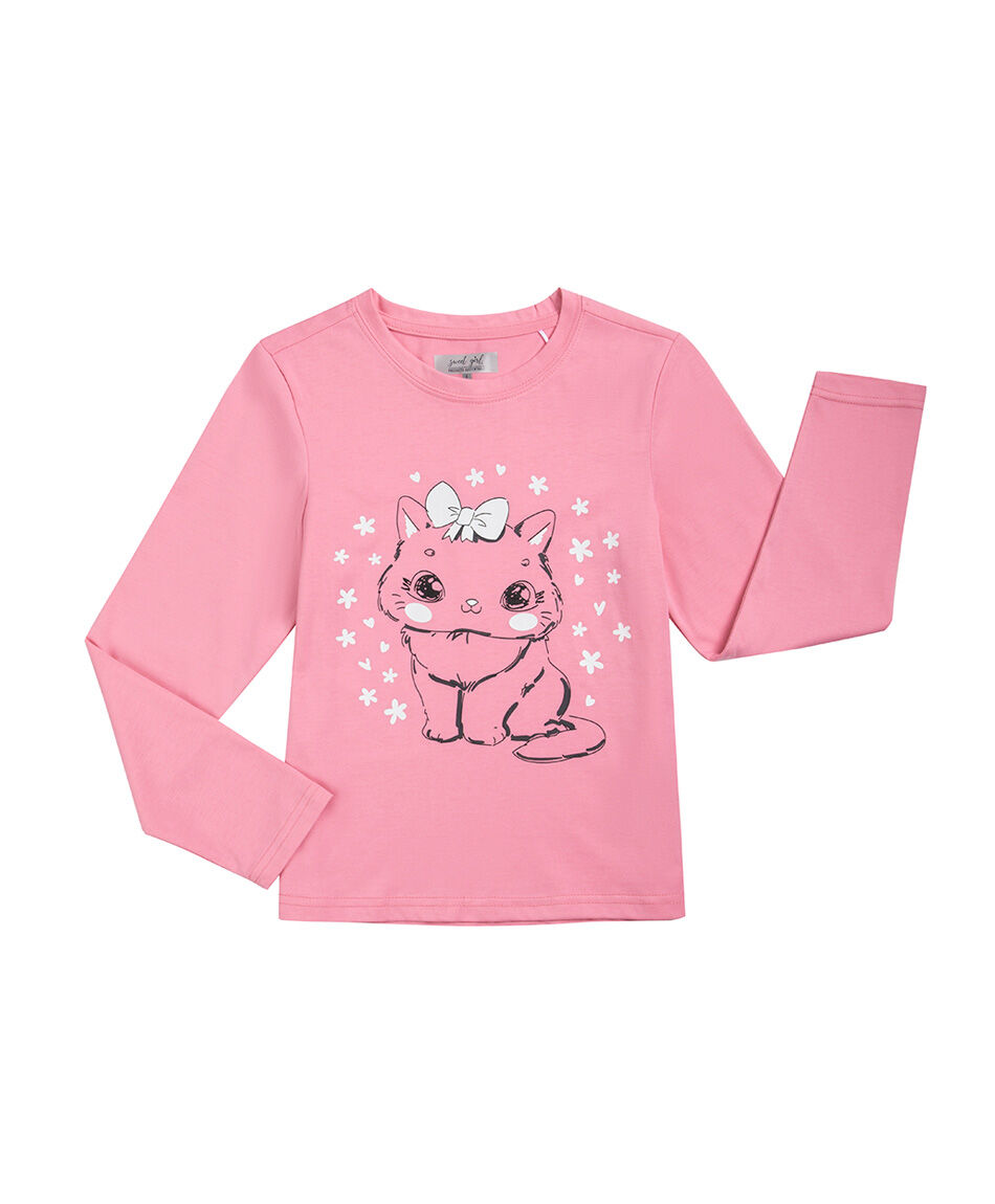 Polera ni&ntilde;a estampado brillos gatunos