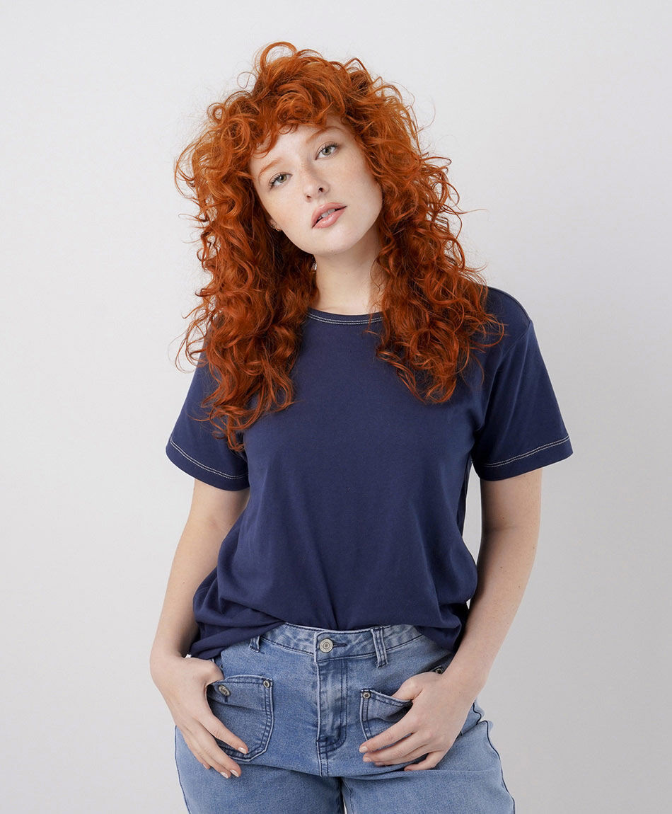 Polera mujer azul l&iacute;neas mangas