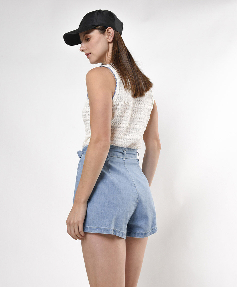 Short mujer denim plisado lazo