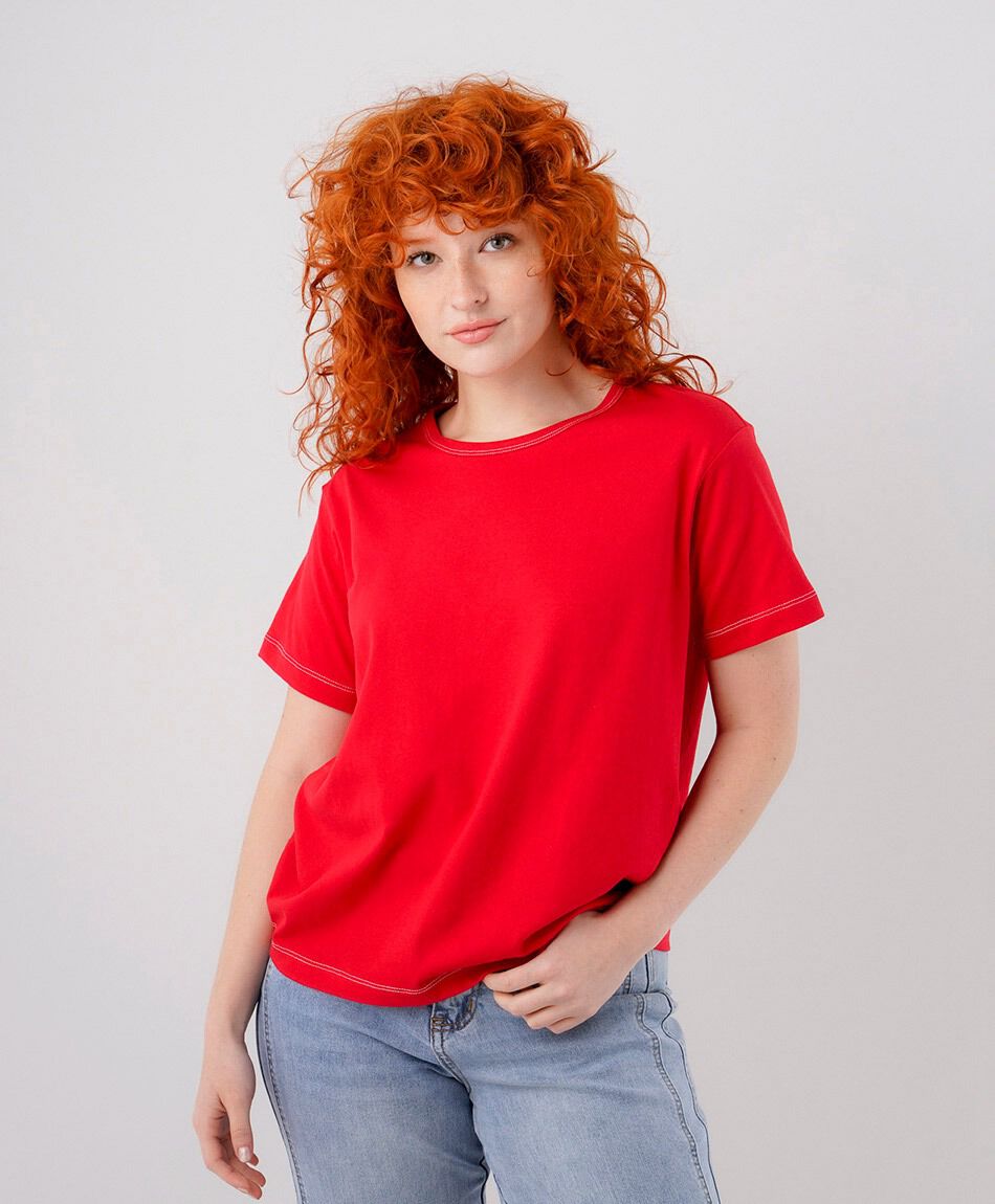 Polera mujer roja l&iacute;neas manga