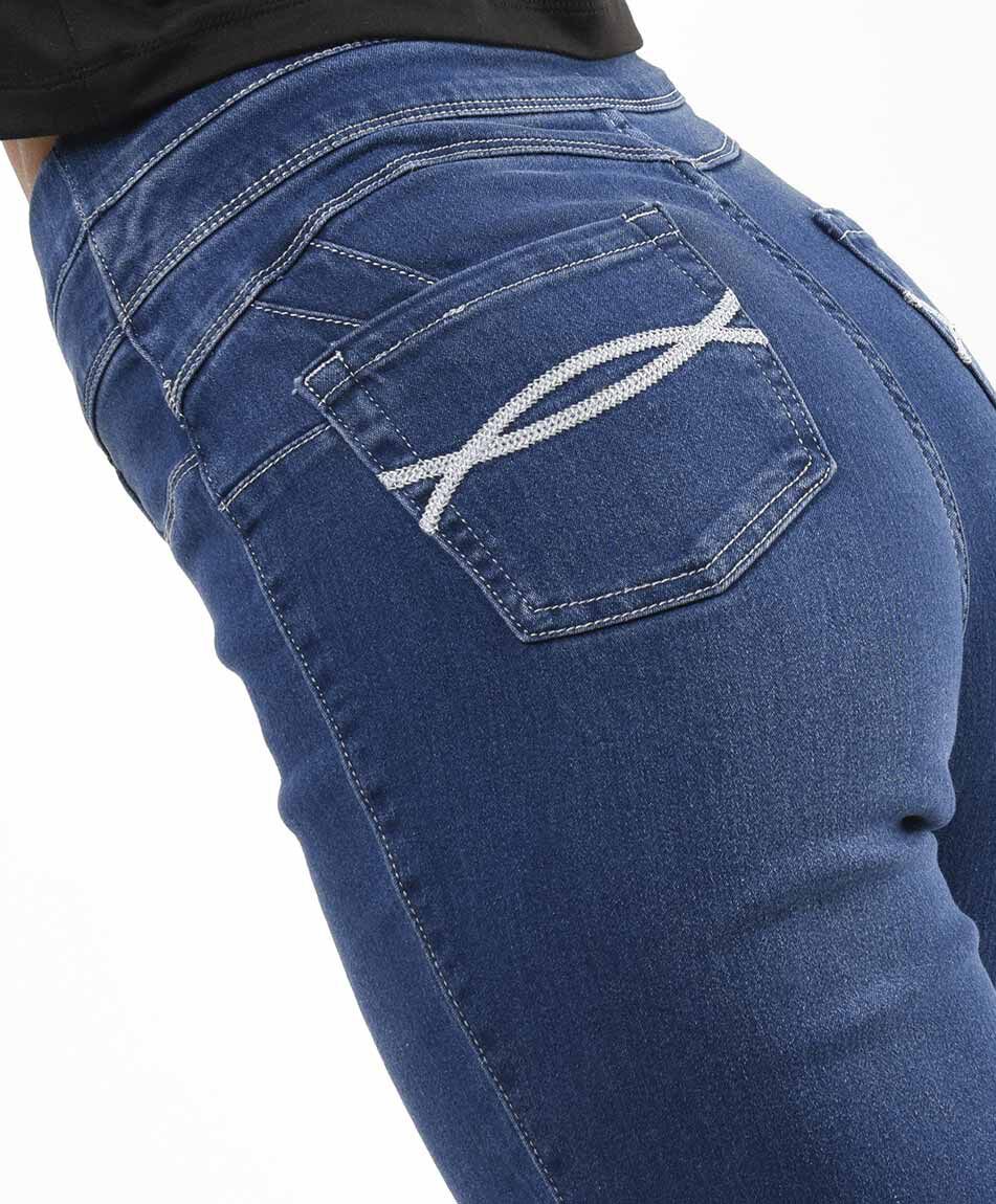 Jeans mujer leggins doble pretina skinny fit azul