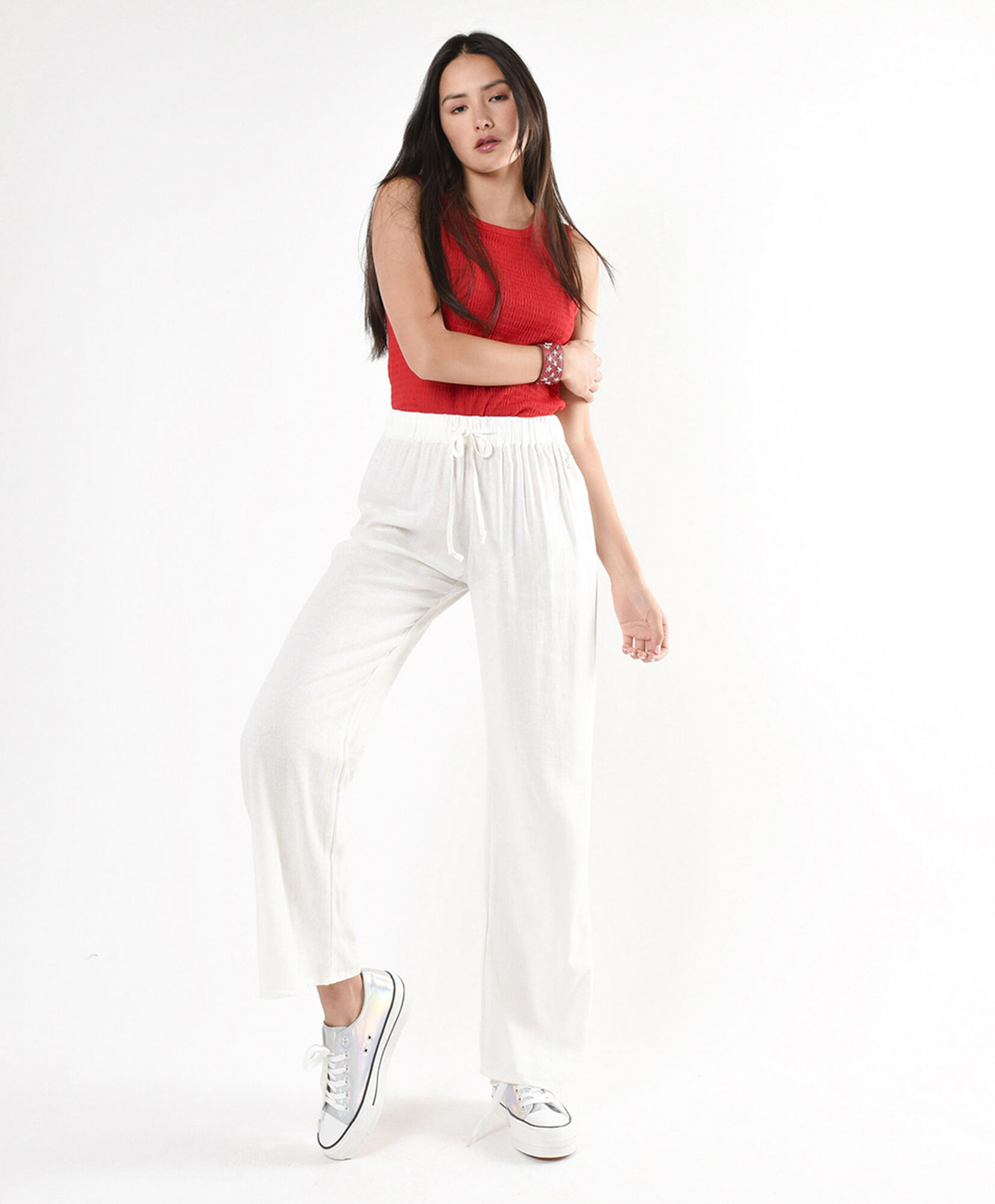 Pantalón mujer lino lazo blanco Pantalón mujer lino lazo blanco