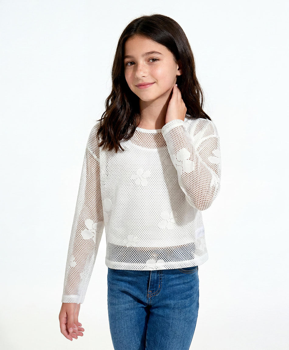 Polera ni&ntilde;a calada  flor blanca