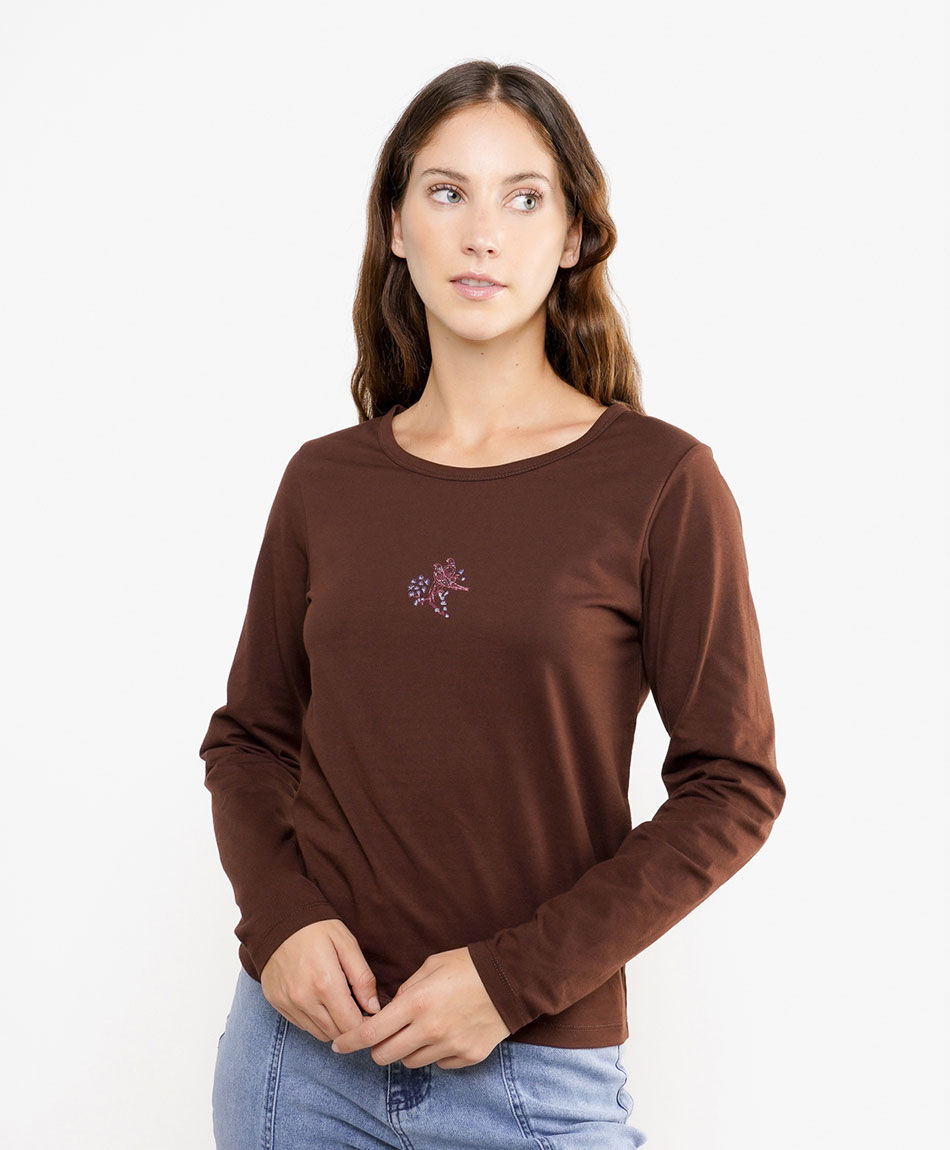 Polera mujer pajaros bordados