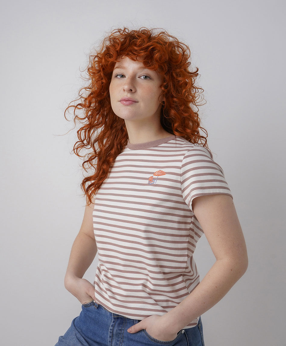Polera mujer listas quitasol bordado