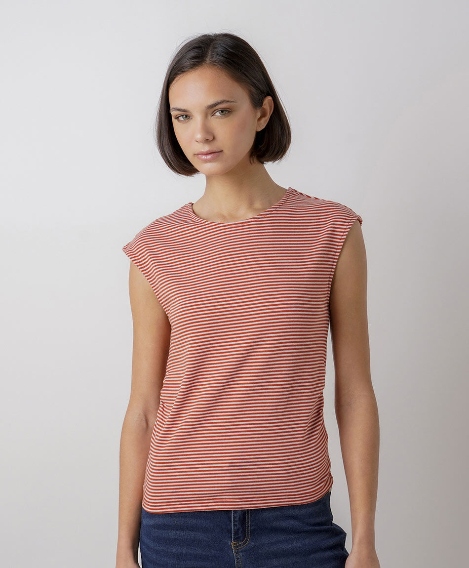 Polera mujer listada manga mini roja