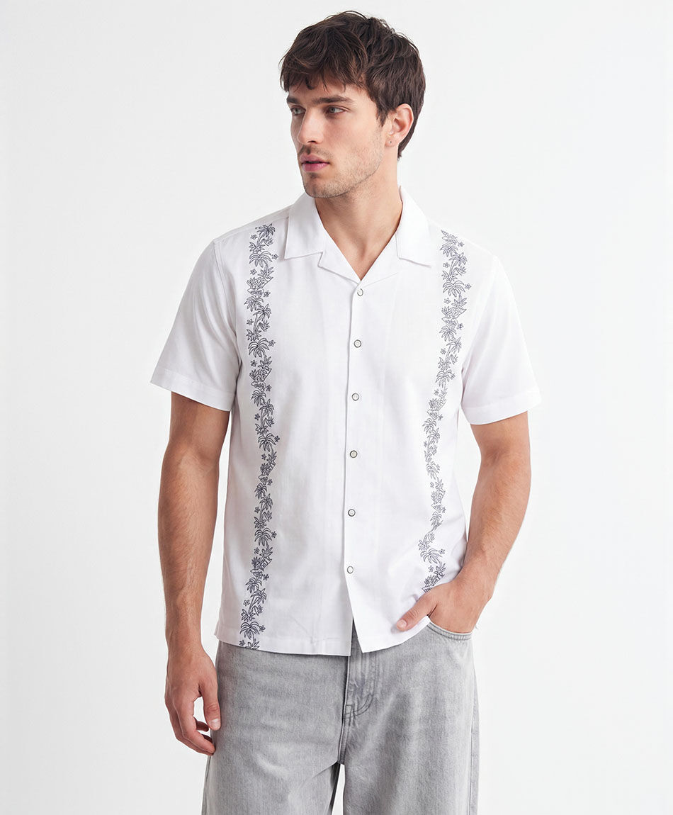Camisa hombre bordado plantas lino
