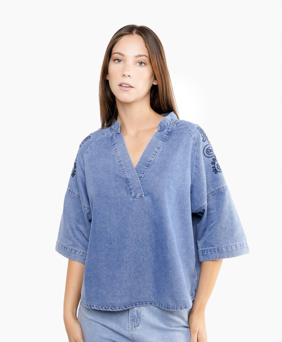 Blusa mujer denim azul
