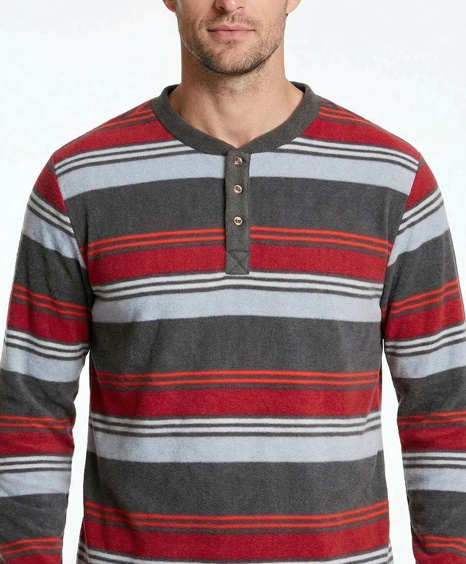 Pijama hombre polar l&iacute;neas grises rojas