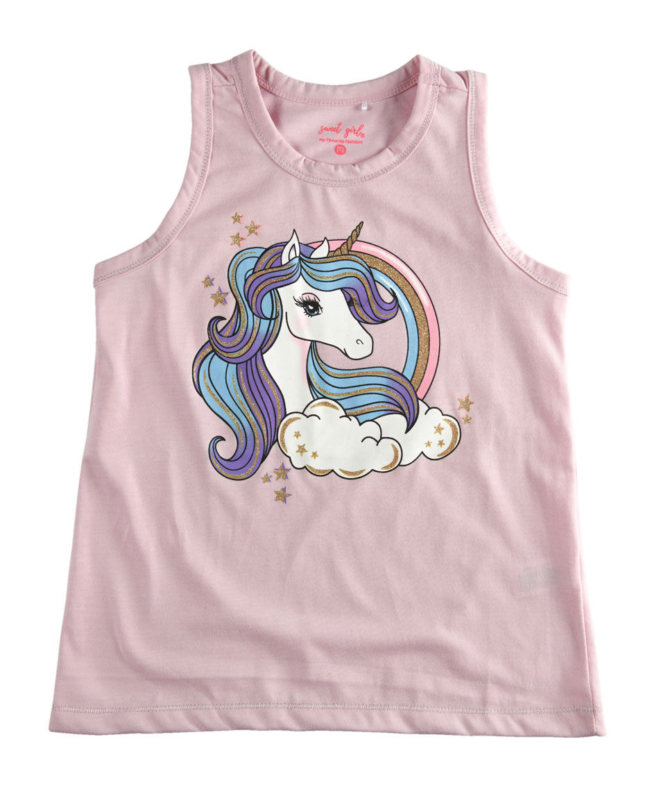 Polera ni&ntilde;a unicornio sin mangas
