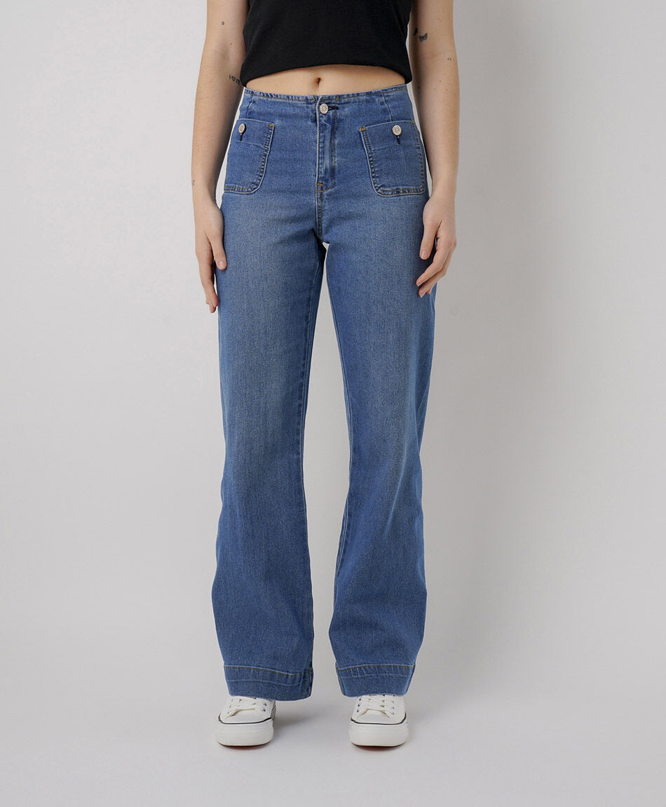 Jeans mujer wide leg bolsillo botones