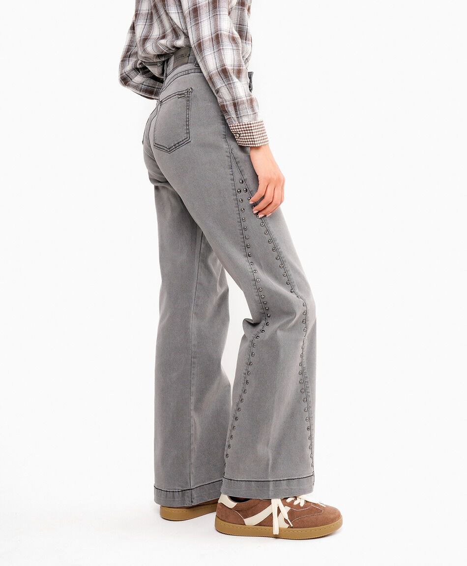 Jeans mujer wide leg tachas grey
