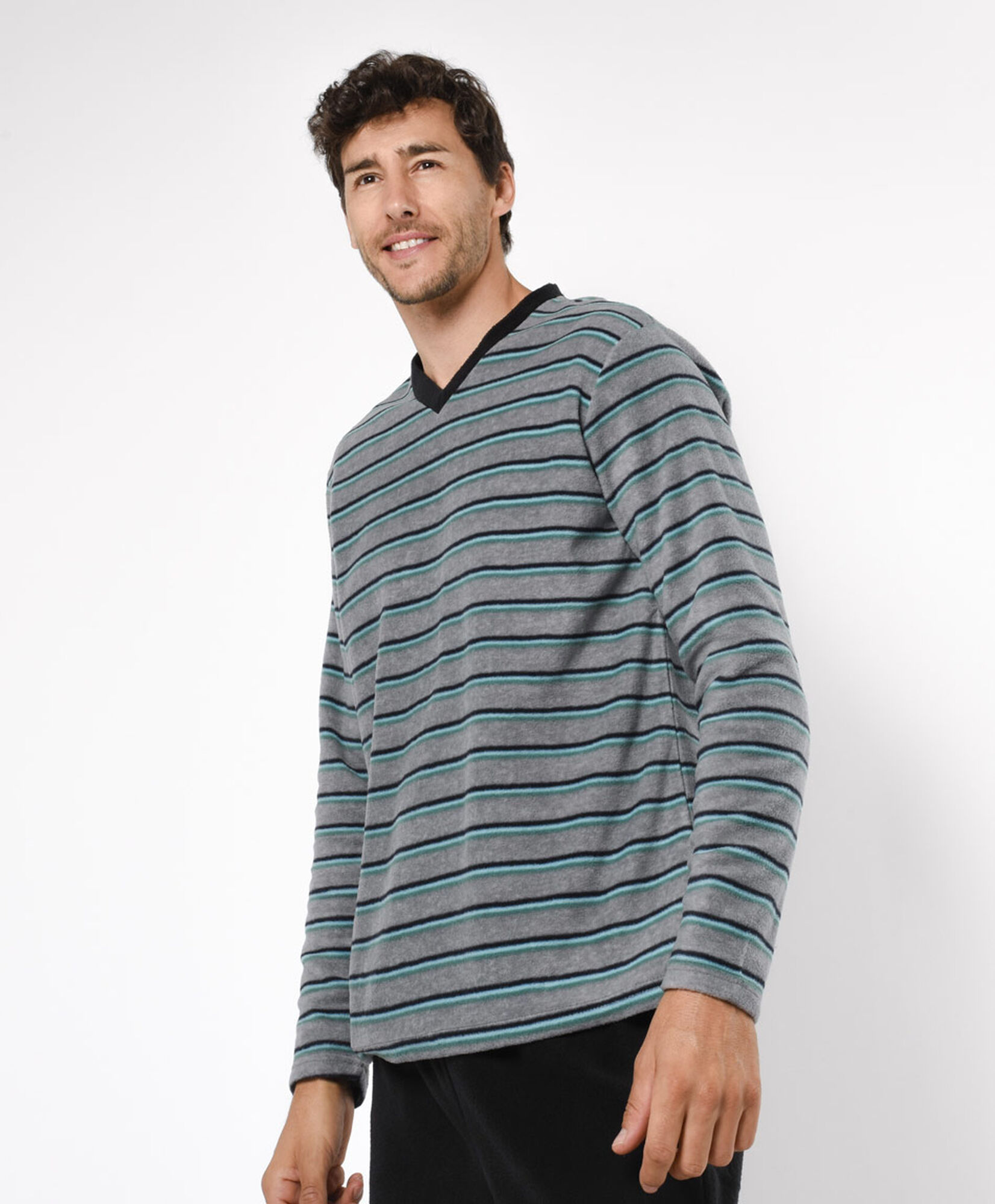 Pijama hombre polar rayas gris y verde Pijama hombre polar rayas gris y verde