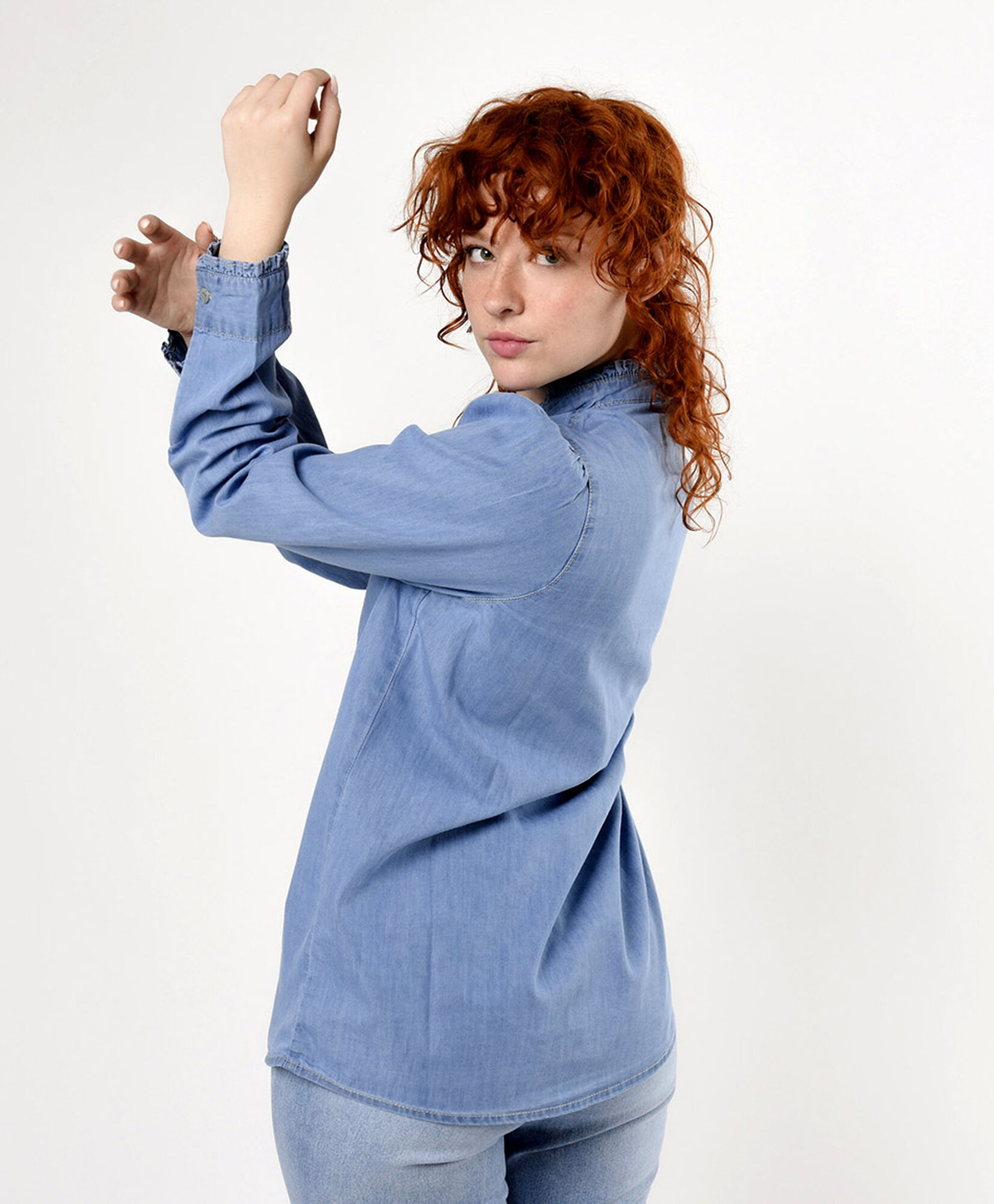 Blusa mujer denim cuello mao Blusa mujer denim cuello mao