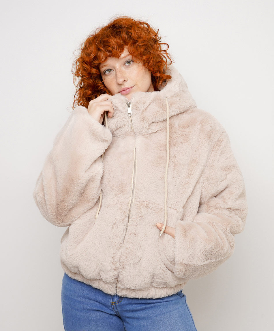 Chaqueta mujer piel capucha pink