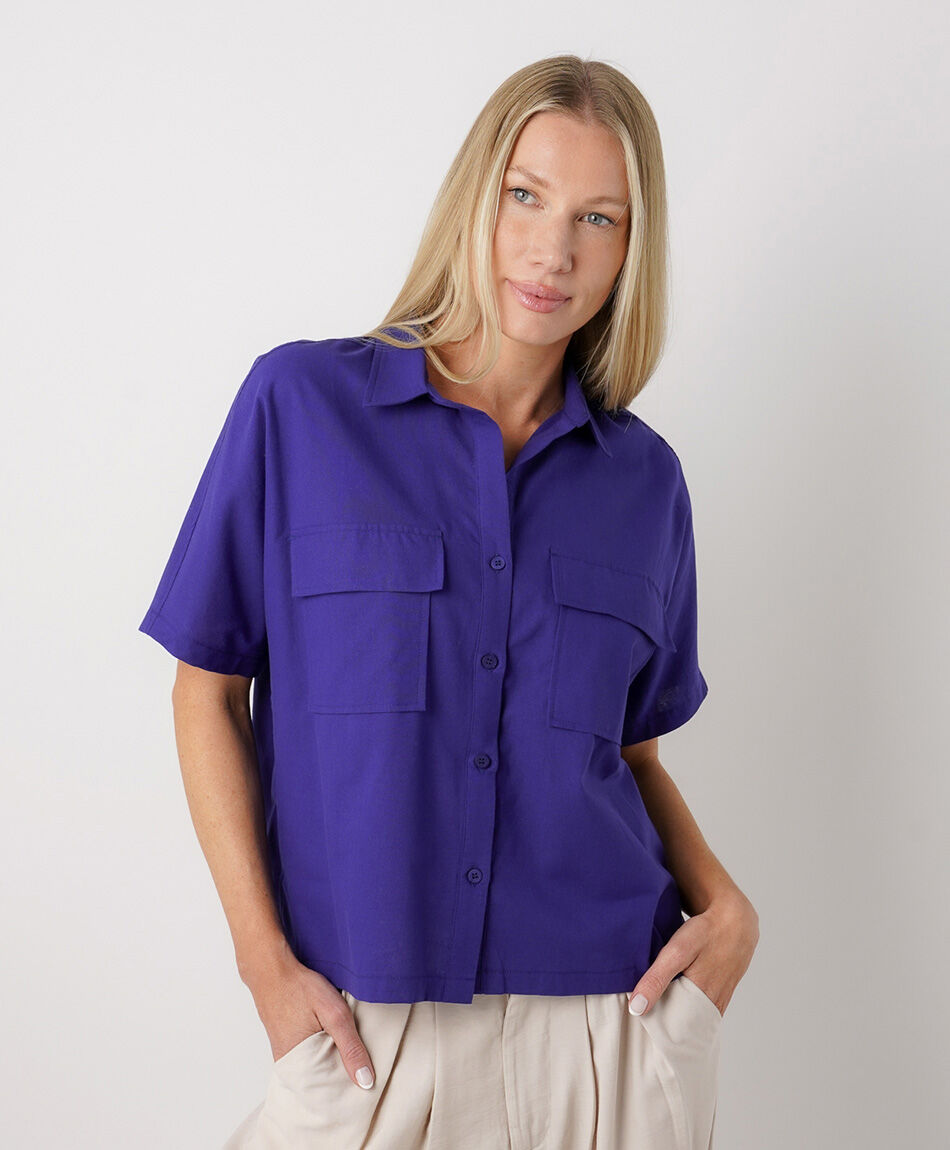Blusa mujer lino morada bolsillos