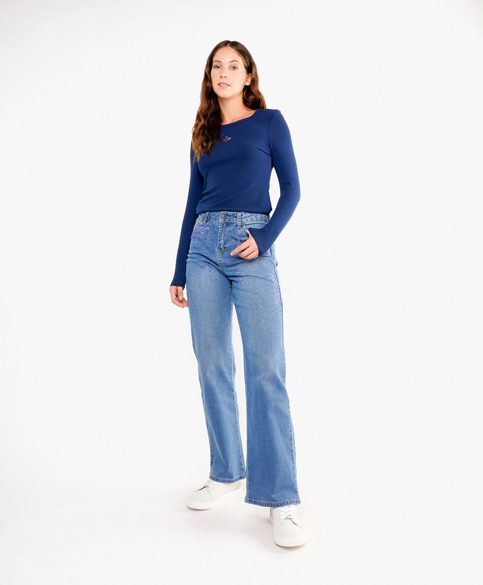 Jeans mujer wide leg brillos