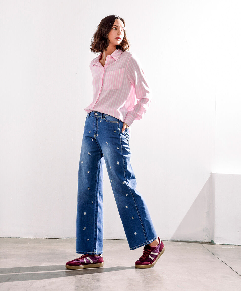 Jeans mujer wide leg bordado frontal