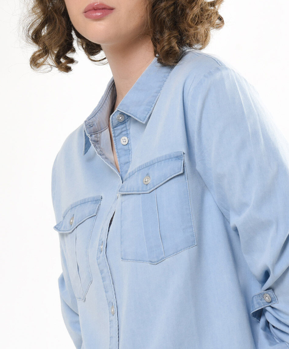 Blusa mujer denim bolsillos larga
