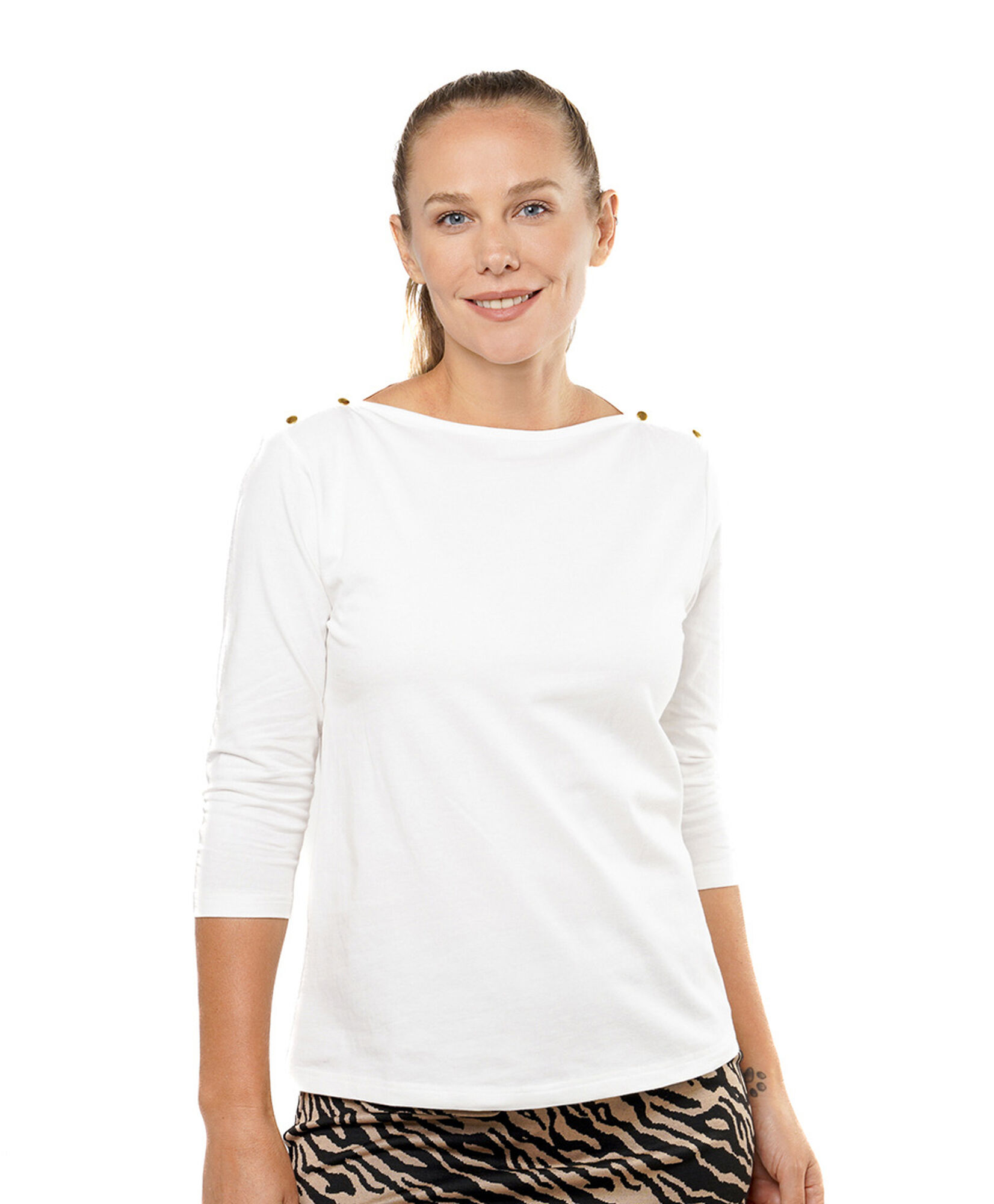 Polera mujer cuello bote botones blanca Polera mujer cuello bote botones blanca