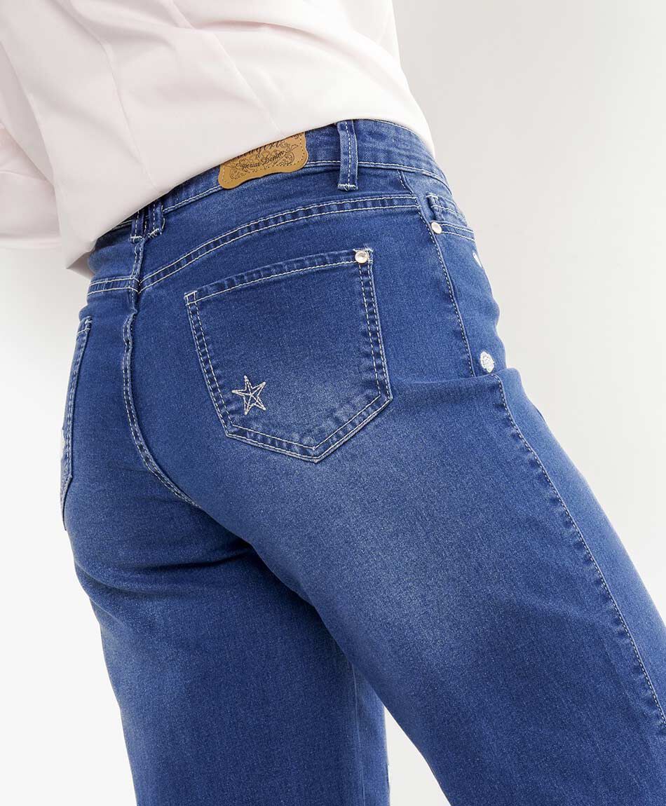 Jeans mujer wide leg bordado frontal