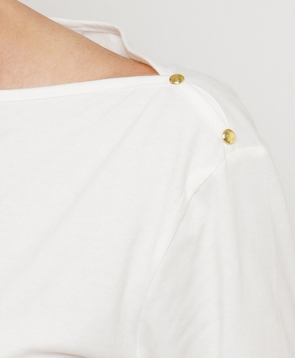 Polera mujer cuello bote botones blanca