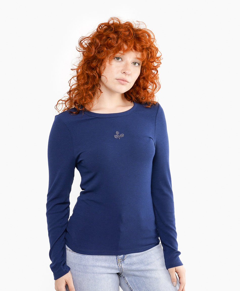 Polera mujer planta bordada blue