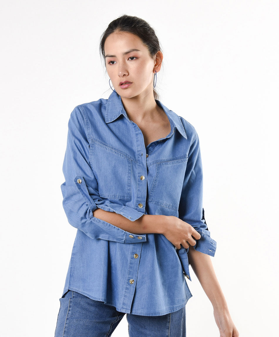 Blusa mujer denim bolsillos superiores