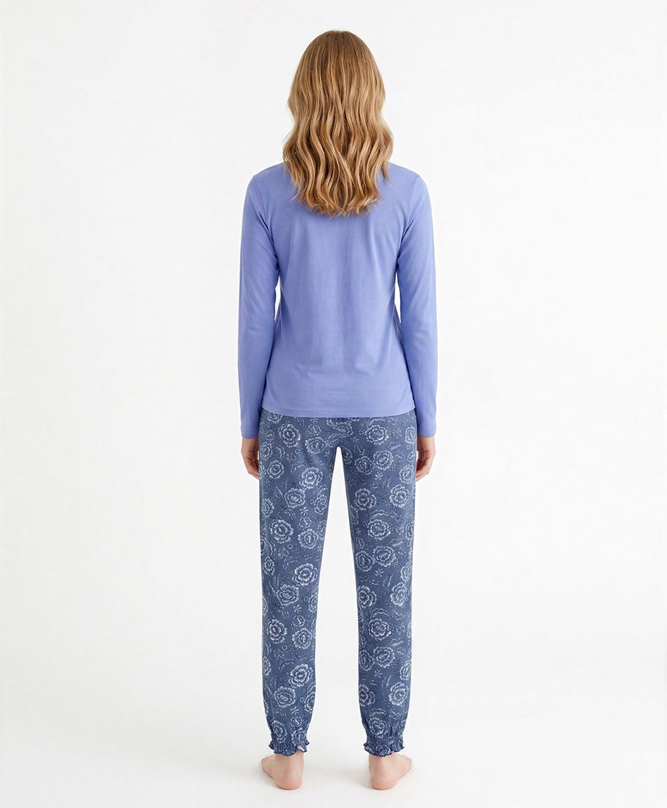 Pijama mujer pantal&oacute;n floreado azul
