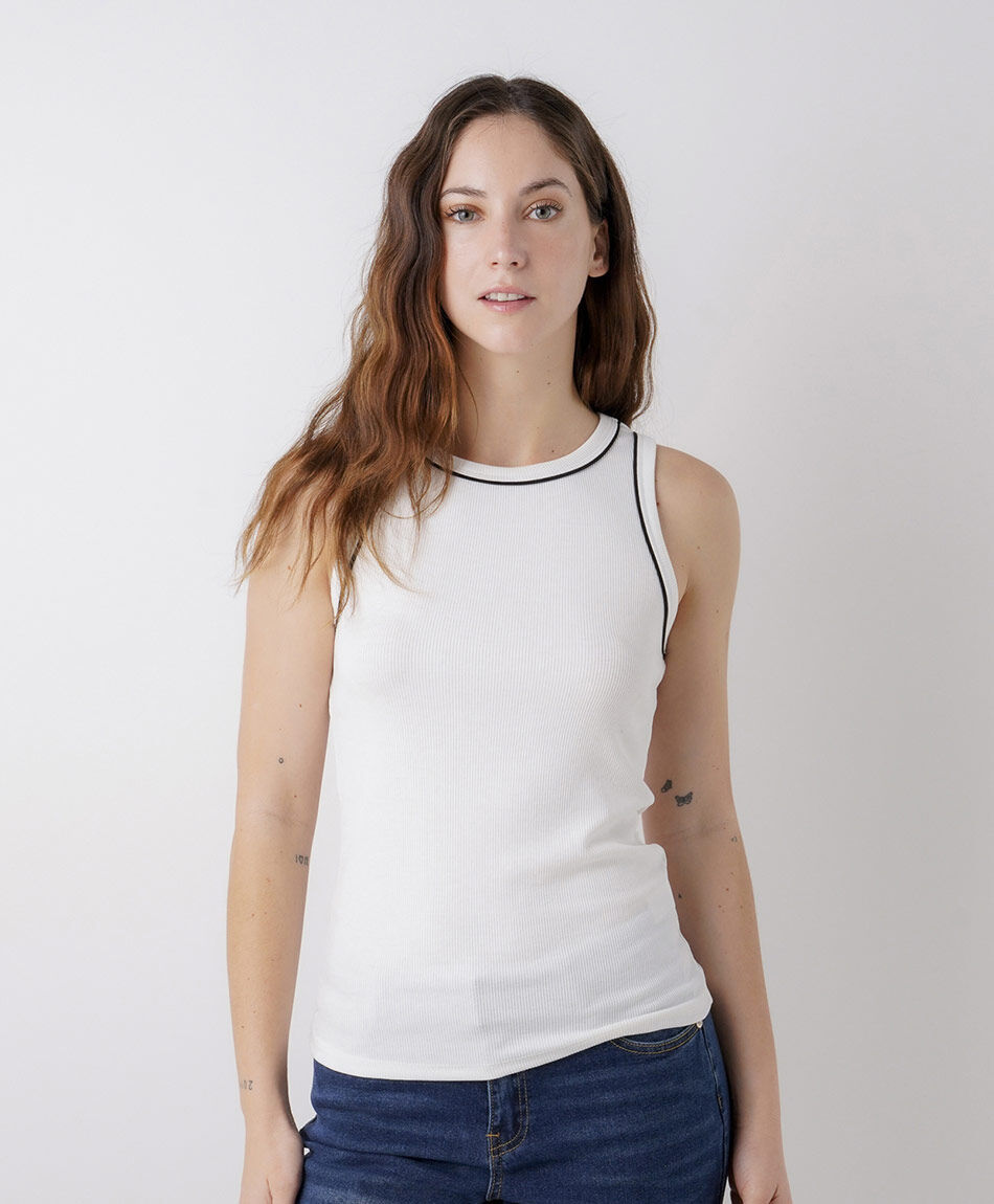 Polera mujer pipping contraste blanca