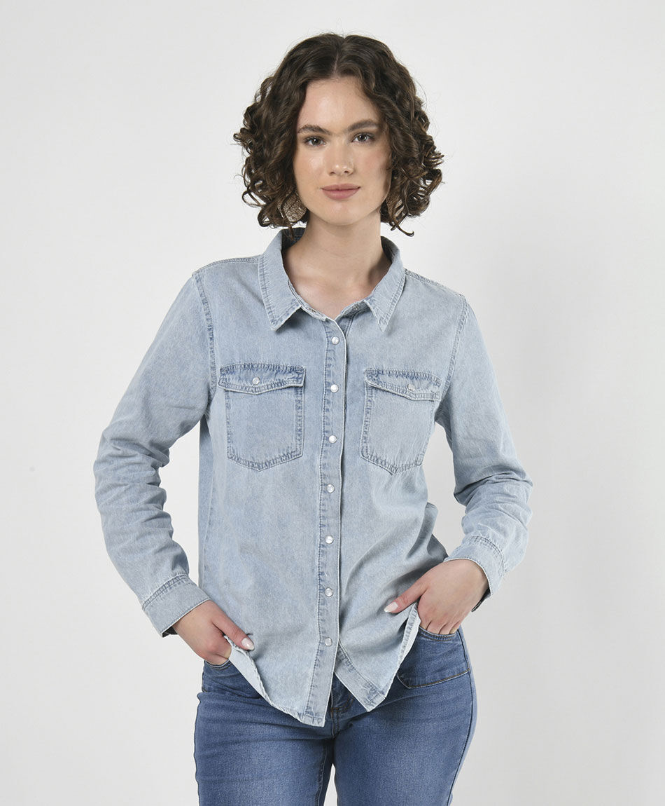 Blusa mujer denim bolsillos