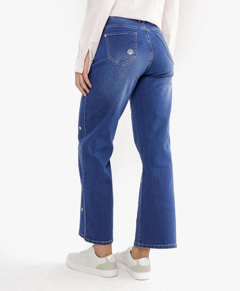 Jeans mujer wide leg bordado frontal