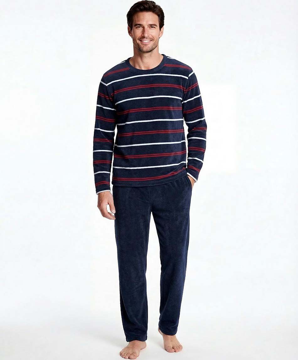Pijama hombre polar l&iacute;neas rojas