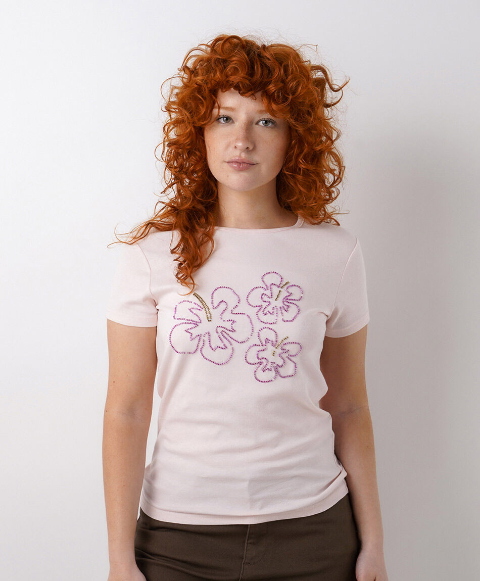 Polera mujer flores mostacillas