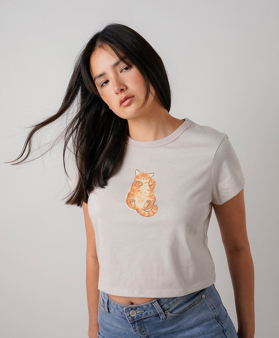 Polera mujer crop gatito