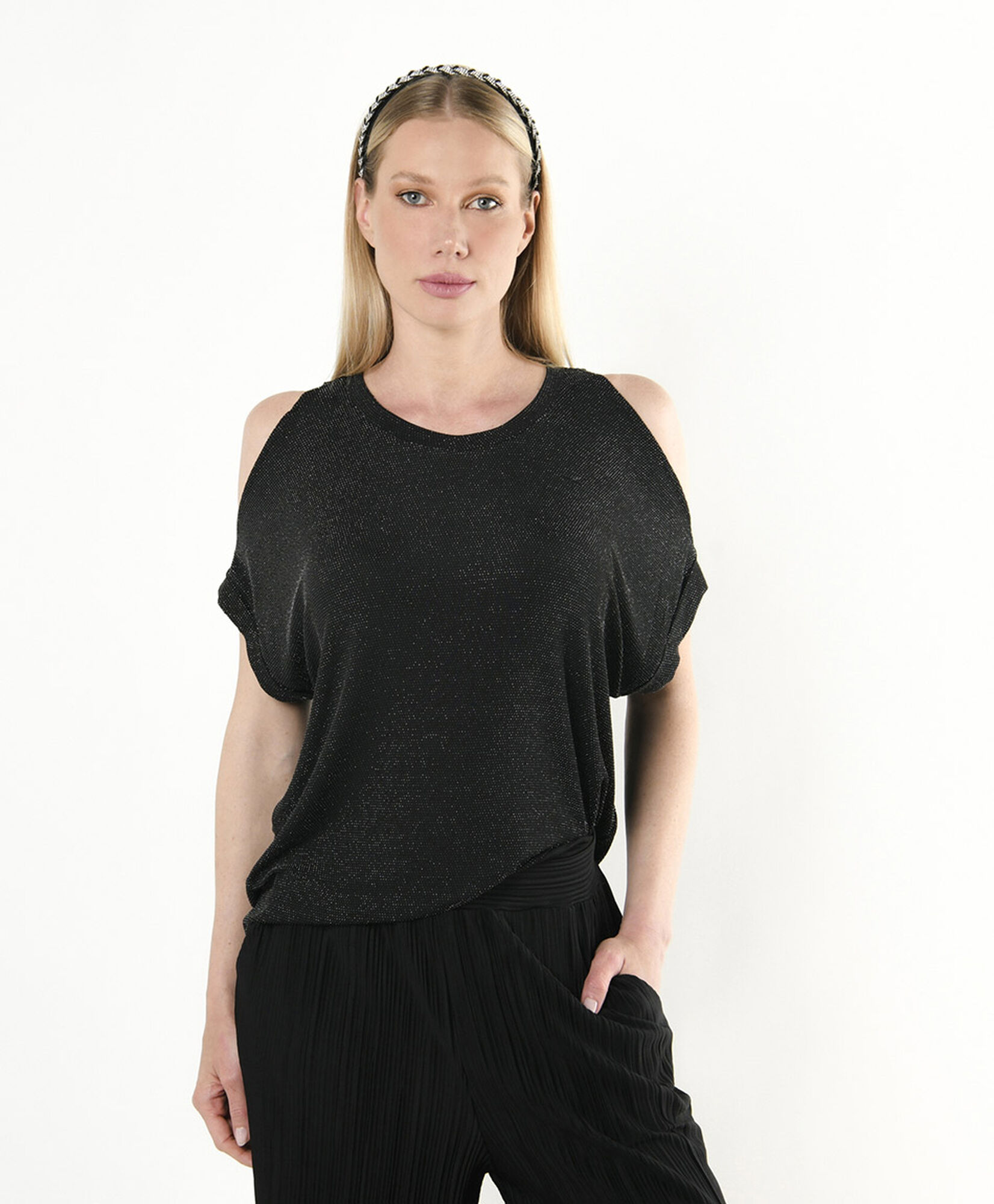 Polera mujer brillante sin hombros Polera mujer brillante sin hombros