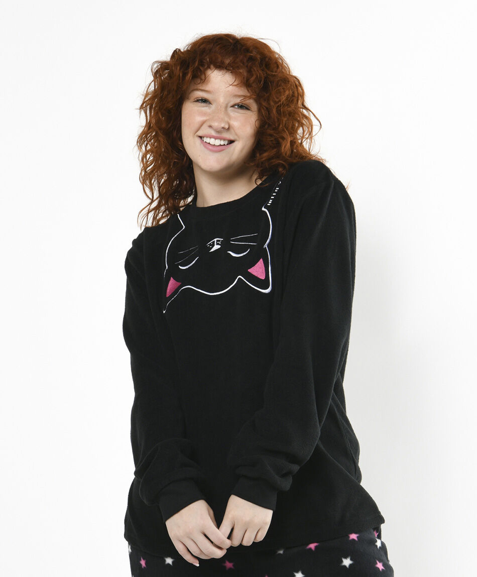 Pijama mujer polar gato negro estrellas