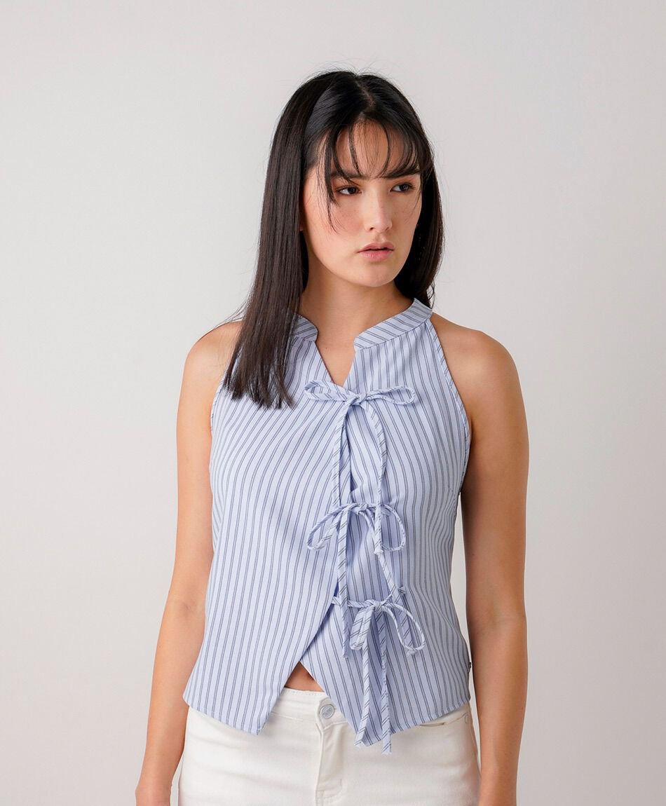 Blusa mujer amarras rayas lino