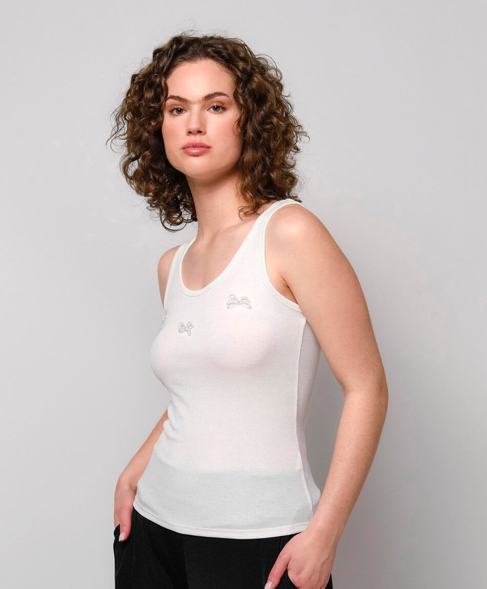 Polera mujer top cintas perlas blanca