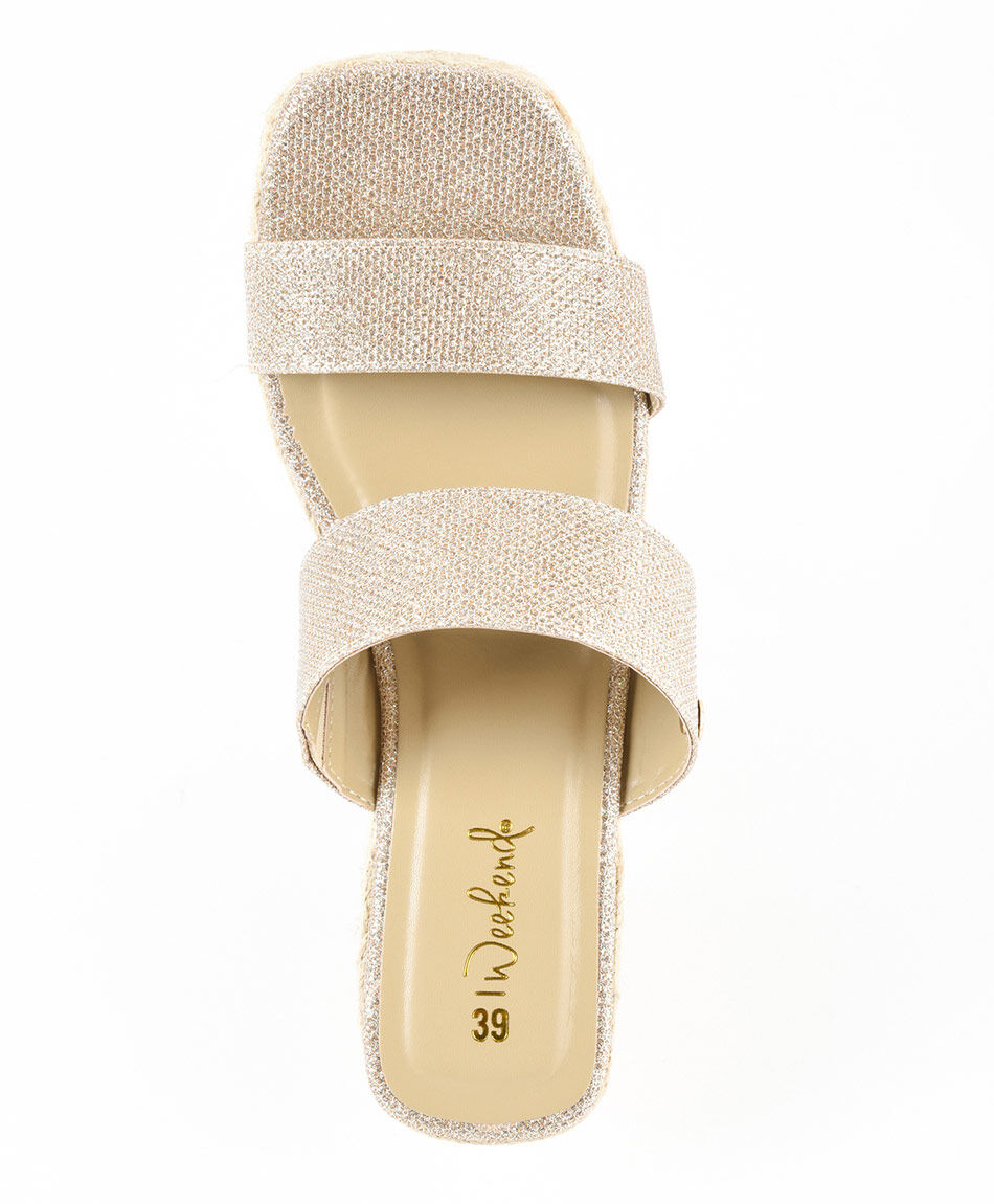 Sandalia mujer brillos taco alto