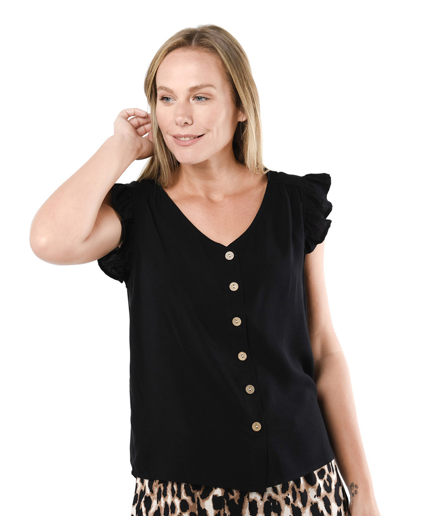 Blusa mujer mini manga botones negra Blusa mujer mini manga botones negra