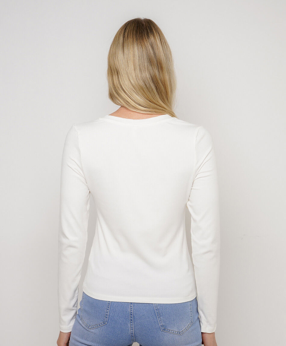 Polera mujer acanalada cuello en v blanca